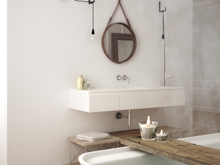 A Room With A Sink And A Mirror